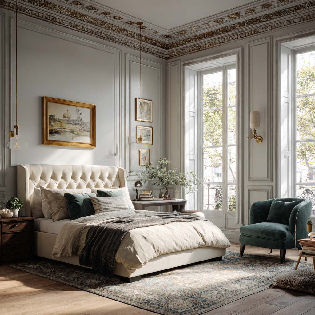 Decorative moldings and tufted headboards also add to the Victorian features in a normal modern room