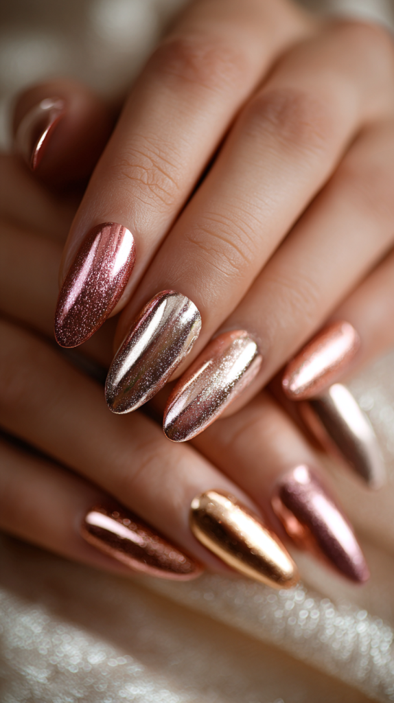Feel glam chic and dressed up for the holidays in these metallic Christmas nails