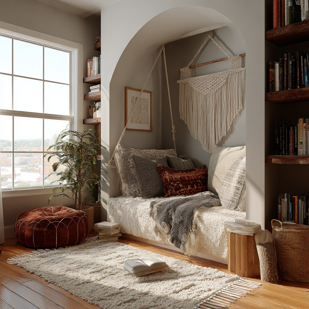 If you have the space create a reading nook with macreme hangings and soft pillows