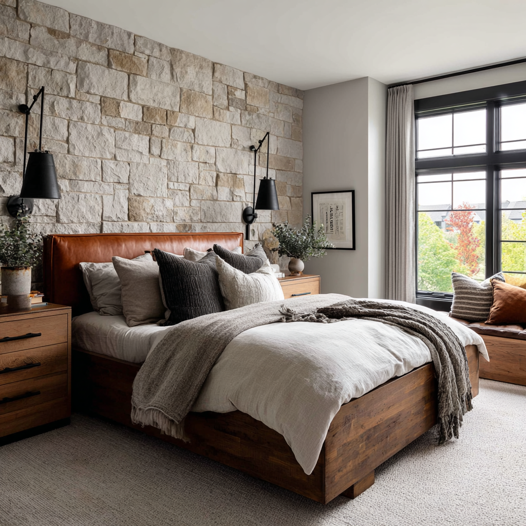 Leather headboard, black fixtures, and stone wallpaper add the industrial effect to this room